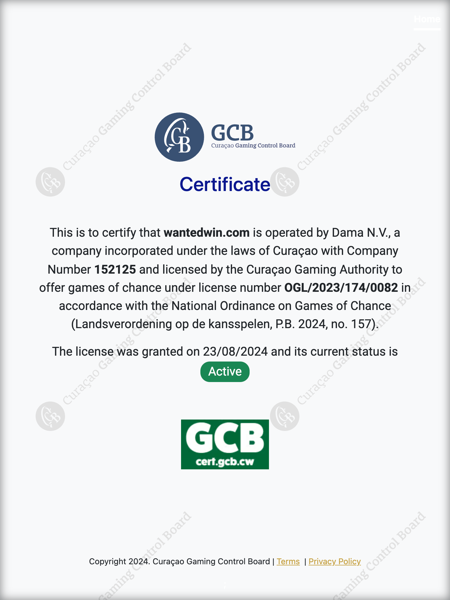 Casino Licence Certificate